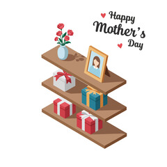 Mothers Day celebration with gifts, flowers, and picture in flat vector art