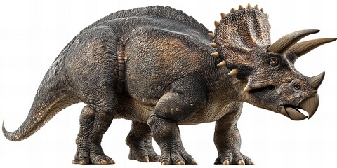 Fototapeta premium High-quality illustration of a Triceratops dinosaur, isolated on a clean white background. Showcasing detailed textures, horns, and frill, this image is perfect for educational, prehistoric themes