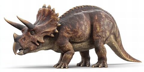 Fototapeta premium High-quality illustration of a Triceratops dinosaur, isolated on a clean white background. Showcasing detailed textures, horns, and frill, this image is perfect for educational, prehistoric themes