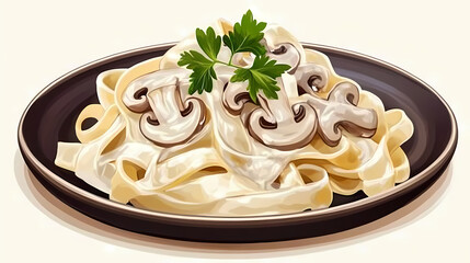 Fettuccine in a creamy mushroom sauce, served on a dark plate and decorated with fresh herbs. Titansteel Plate. Illustration