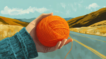 An orange yarn ball is held by a woman's hand, set against the road in the background, echoing the idea of ariadne's thread. Echoed Threads. Illustration