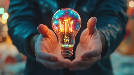 Glowing light bulb in the hands of a businessman. Business concept