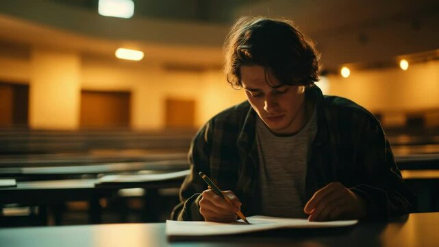 A nervous student sitting in an exam hall, looking down at a test paper with a pencil in hand, rows of desks extending into the background