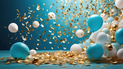 A festive scene featuring three balloons—two light blue and one white—with golden confetti scattered throughout