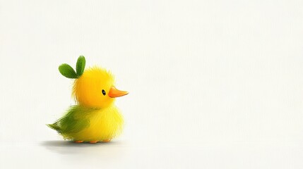   A duck with a green leaf on its head sits in the center of a white background, small and yellow