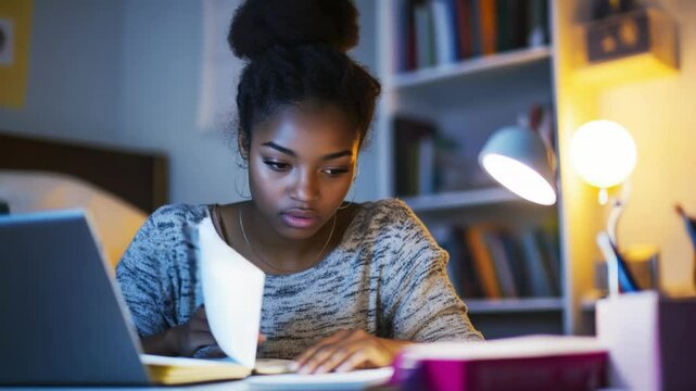 A young woman sitting in a quiet dorm room, illuminated by a desk lamp, intensely focused on a notebook while surrounded by study materials