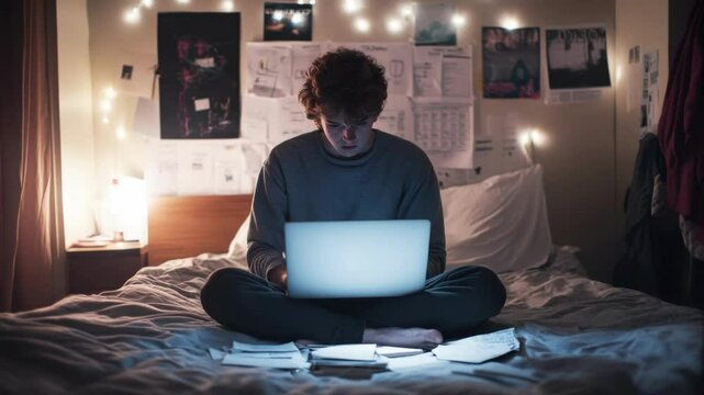 A student sitting cross-legged on a dorm bed, laptop open and notes scattered around, their face showing stress and concentration, soft lighting with copy space on the walls