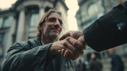 Two people shake hands in the city against the backdrop of an elegant old building, signifying agreement and collaboration.