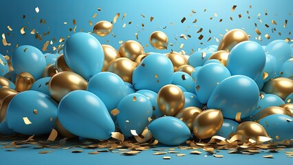 A festive scene featuring three balloons—two light blue and one white—with golden confetti scattered throughout