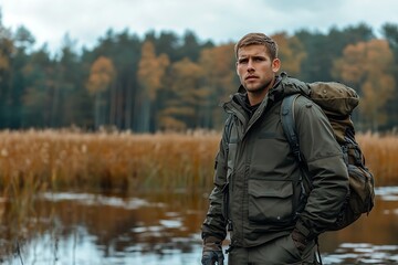 Man Hikes Autumnal Marsh