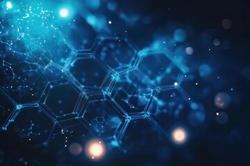 Obraz premium A futuristic display of molecular technology with polygonal shapes, glowing softly against a dark blue backdrop.