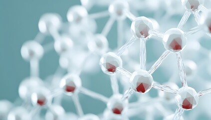 White spheres connected by lines form a complex molecular structure on blue background.