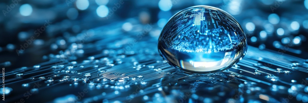 Poster macro shot captures water droplet reflecting digital circuits, showcasing harmony between nature and