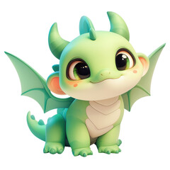 Obraz premium Cute Cartoon Green Dragon Character with Big Eyes and Cheerful Smile Isolated on Transparent Background