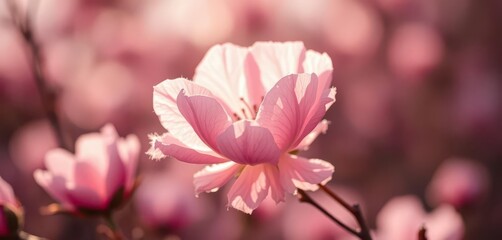 Obraz premium Delicate pink cotton candy bloom dissolving in soft morning light, airy feathery petals, nature, soft