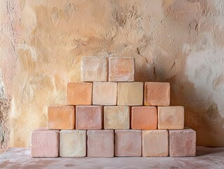 A pyramid of terracotta blocks against a textured, ochre wall.  Earthy tones and rustic aesthetic.