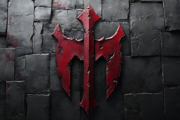 Red metal emblem on dark stone wall.