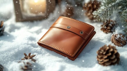Luxury leather wallet placed on snow-covered surface with minimalist decor, creating an elegant winter-themed ad mockup