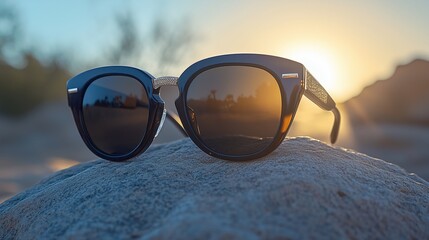 High-end sunglasses placed on a large rock under bright desert sun, minimalist and chic for a summer fashion ad mockup