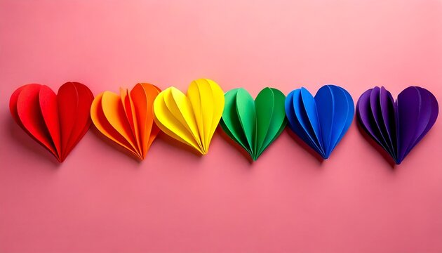 a rainbow colored paper hearts, placed on a pastel pink background, space for copy