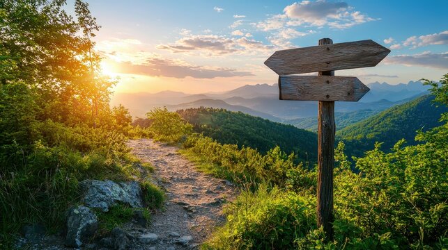 A scenic view of a mountainside path with wooden signposts, illuminated by a warm sunset, showcasing lush greenery and distant peaks.
