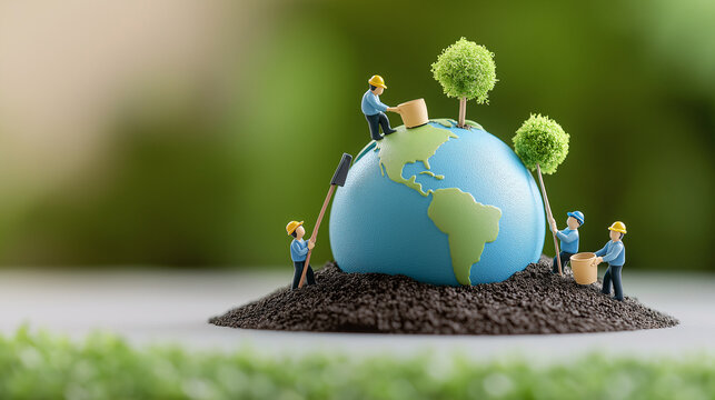 Happy Earth Day banner. A globe with miniature figures of people, planting trees on the Earth. Persons use different tools. Copy space. Macro photography effect. World Environment Day