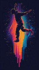 Silhouette of a breakdancer in a frozen pose with sound waves emitting, flat vector design . Bold solid colors clean outlines