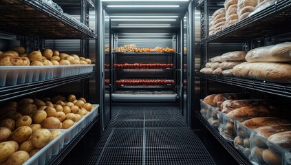 Modern Grocery Storage: Potatoes, Bread, and Tomatoes in a Sleek Cold Storage Facility
