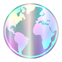Realistic round holographic rainbow iridescent sticker, icon hologram planet, globe with foil effect. Happy Earth Day. Mockup vector illustration isolated on transparent background EPS10