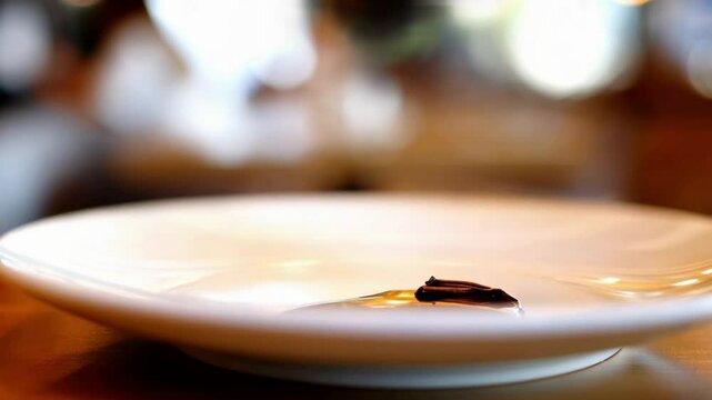 Remnant Bite on Plate: A lingering chocolate piece rests on a pristine white plate, set on a wooden table, a scene suggesting a moment of sweet indulgence.