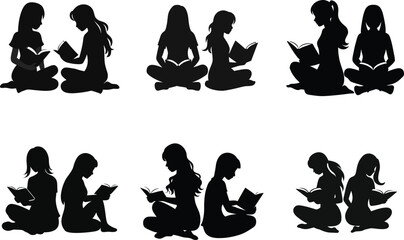 Silhouette Illustration Of Girls Reading Books Together In Various Poses On White Background
