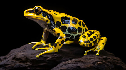 Fototapeta premium frog sitting on a leaf A yellow and black poison dart frog sits on a rock, The frog's vibrant colors contrast with the dark background.