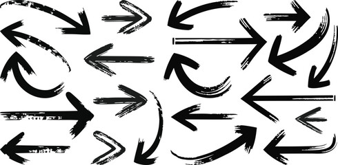 Bold hand-drawn arrows silhouettes in various styles with strong brush strokes, Black various directions arrow shapes