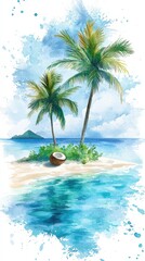 Naklejka premium Tropical island paradise featuring palm trees sandy shores and turquoise waters
