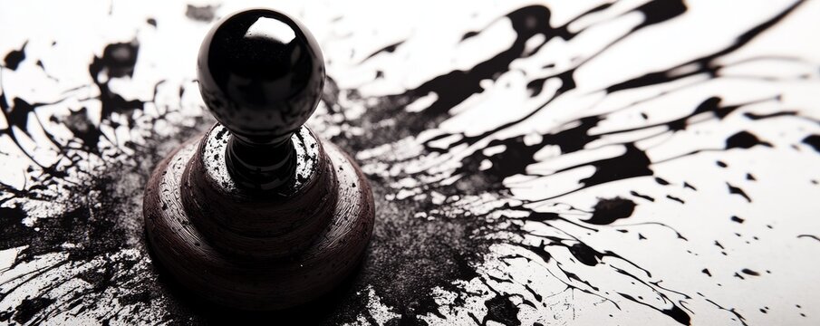 A dynamic splash of black ink surrounds a shiny ink stamp, creating an artistic effect.
