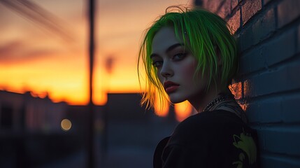 Portrait of a woman with green hair leaning against a brick wall during a vibrant sunset scene