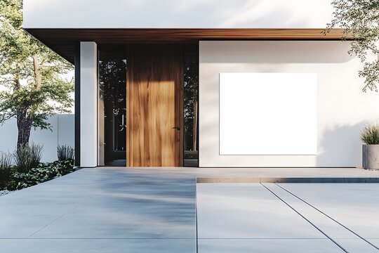 A modern house featuring a large wooden door and a blank white signage in the 3D rendered large patio, ready for customization