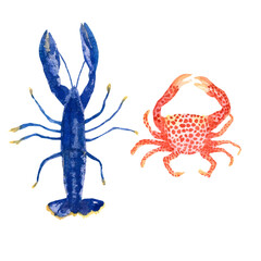 Set of watercolor illustrations crab and crayfish