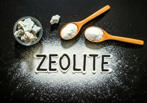 Zeolite powder and natural mineral stones with wooden spoons on dark background showcasing detox and cleansing properties
