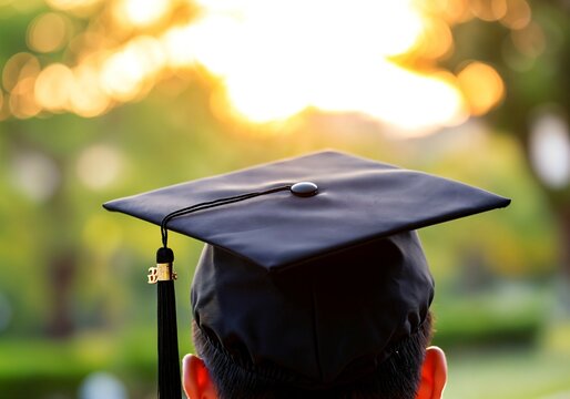 Back view of young graduate wearing black cap with tassel at sunset during outdoor graduation ceremony