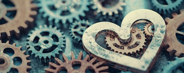 A heart-shaped gear surrounded by various metallic gears, symbolizing love and mechanics.