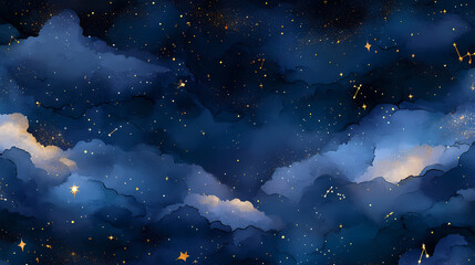 Seamless night sky pattern with gold foil constellations and stars, soft watercolor clouds in rich midnight hues, creating a dreamy celestial look. Celestial Patterns. Illustration