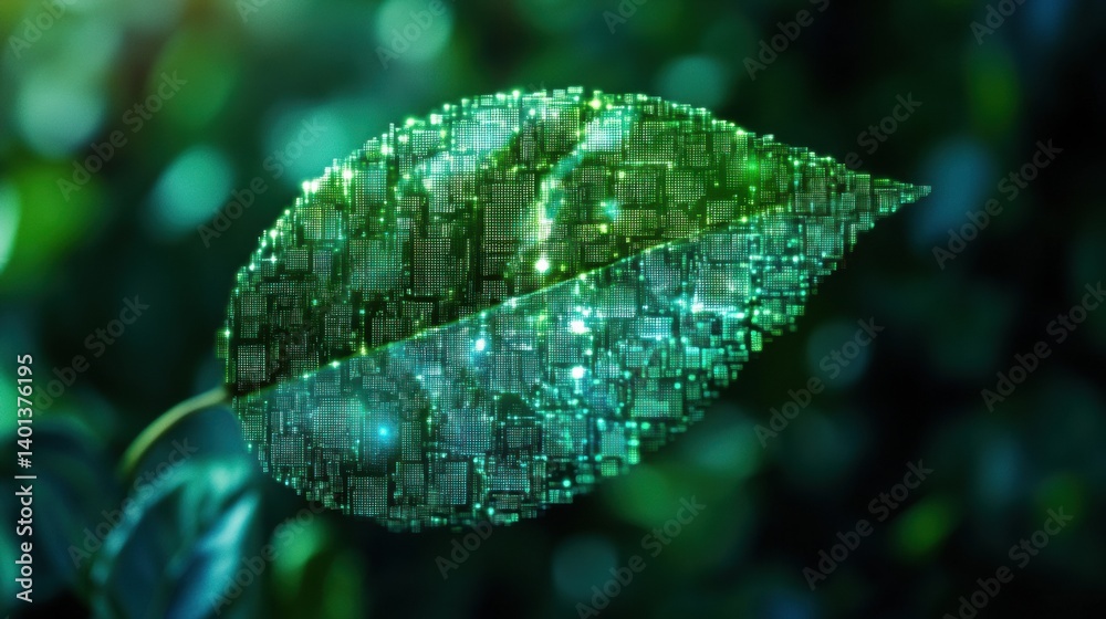 Aufkleber green leaf transforming into digital pixels showcases the fusion of nature and technology in a moder