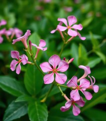 Pink Adenium obesum blooms in sharp focus, lush green background, garden, beauty, desert rose