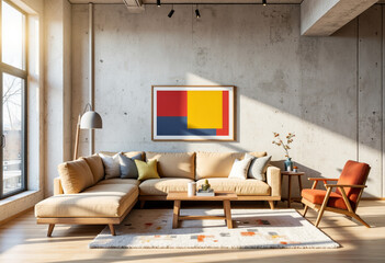 Vibrant minimalist loft living room with concrete walls, modern elegance