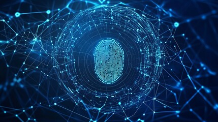 Fingerprint inside a digital network sphere with connected lines and dots on blue.