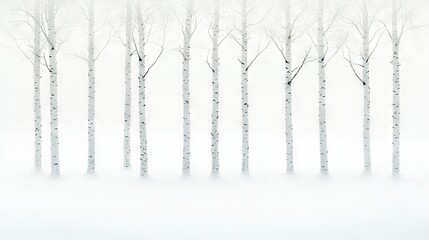 Fototapeta premium A snowy forest scene featuring a lone tree without leaves amidst a cluster of trees blanketed in white snow