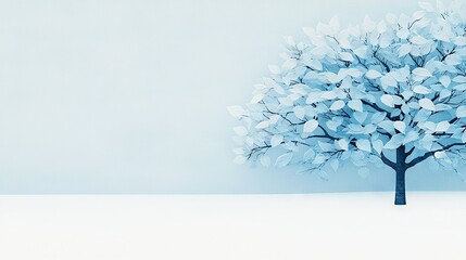 Obraz premium A blue tree stands tall amidst a snow-covered field, its white leaves fluttering softly against the blue sky