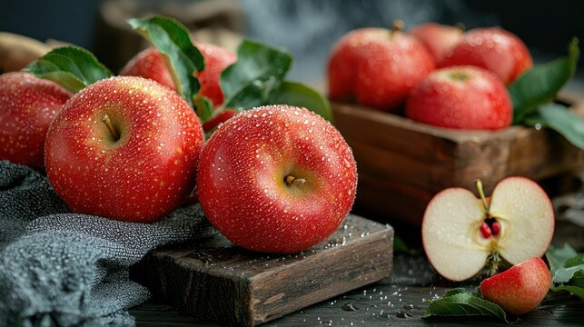 Fresh, vibrant apples in a wooden crate