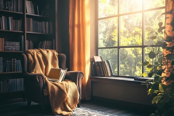 Cozy Reading Nook by the Window with a Soft Armchair, Bookshelf, and Natural Light.